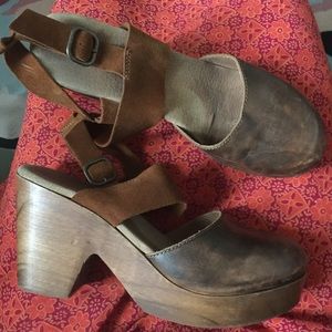 Brown Leather Suede & Wood Clogs Made in Spain 41